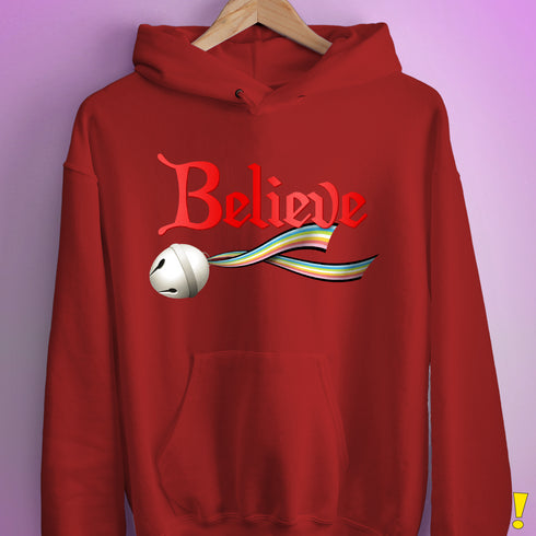 Believe Queer Pride Flag Jingle Bell Hoodie - Red